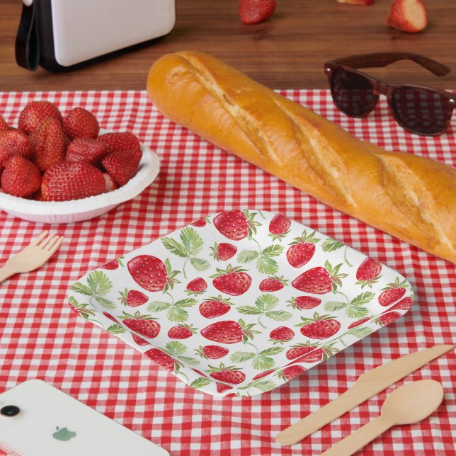 Trendy Watercolor Meadow Strawberry Baby Shower Paper Plate (Picnic)