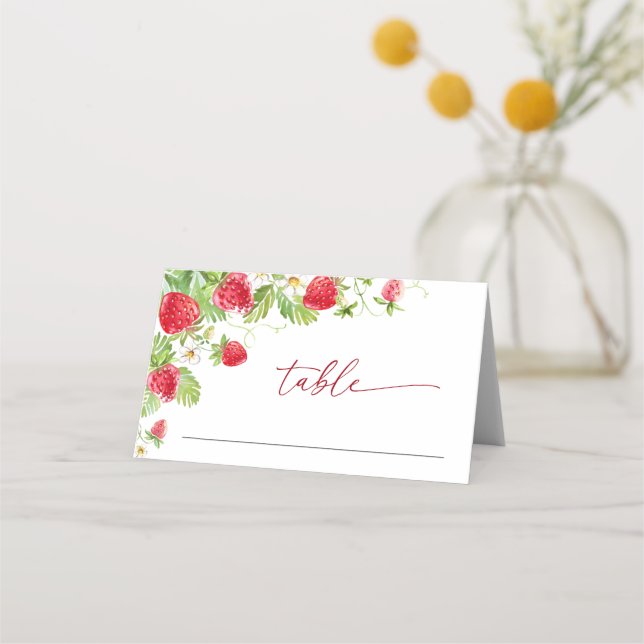 Trendy Watercolor Meadow Strawberry Baby Shower Place Card (Front)