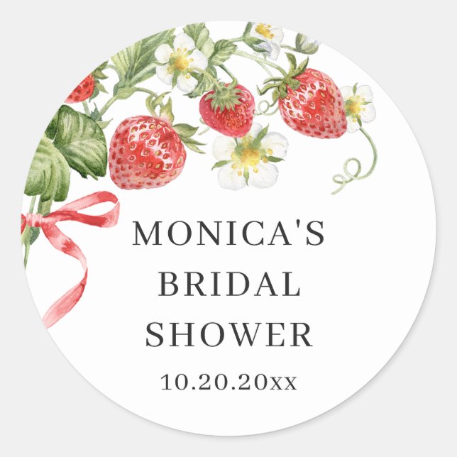 Trendy Watercolor Meadow Strawberry Bridal Shower Classic Round Sticker (Front)