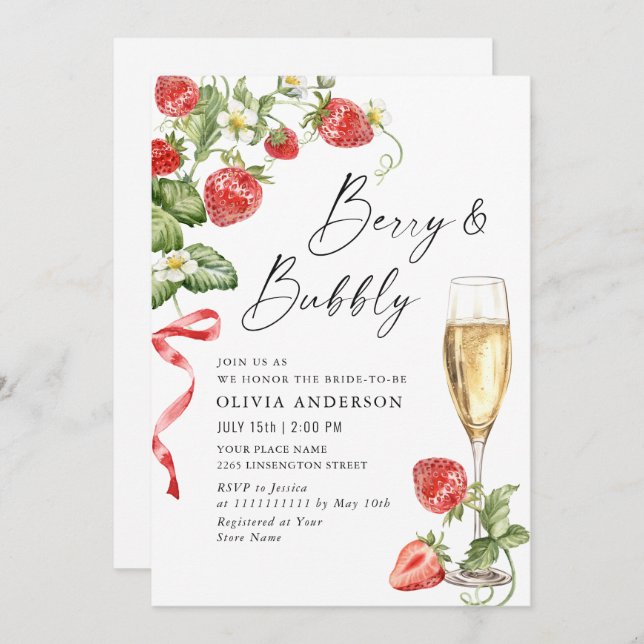 Trendy Watercolor Meadow Strawberry Bridal Shower Invitation (Front/Back)