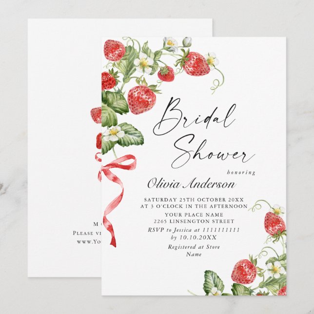 Trendy Watercolor Meadow Strawberry Bridal Shower Invitation (Front/Back)