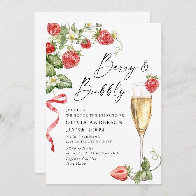 Trendy Watercolor Meadow Strawberry Bridal Shower Invitation (Front/Back)