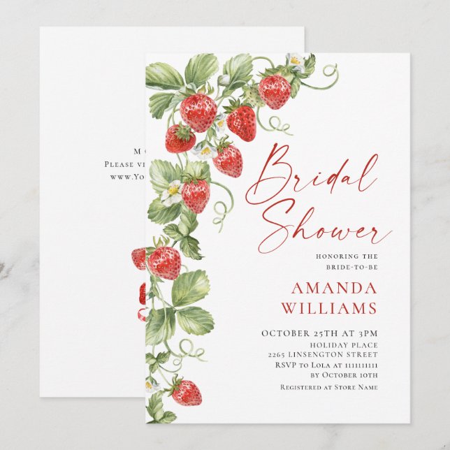 Trendy Watercolor Meadow Strawberry Bridal Shower Invitation (Front/Back)