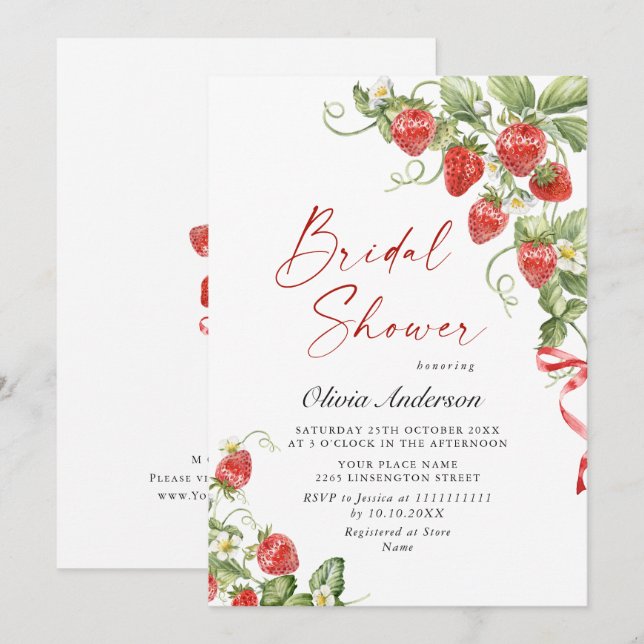 Trendy Watercolor Meadow Strawberry Bridal Shower Invitation (Front/Back)