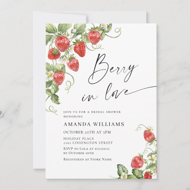 Trendy Watercolor Meadow Strawberry Bridal Shower Invitation (Front)