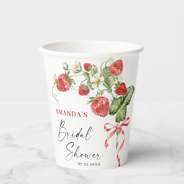 Trendy Watercolor Meadow Strawberry Bridal Shower Paper Cups (Front)