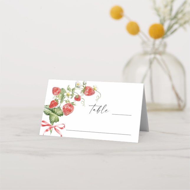 Trendy Watercolor Meadow Strawberry Bridal Shower Place Card (Front)