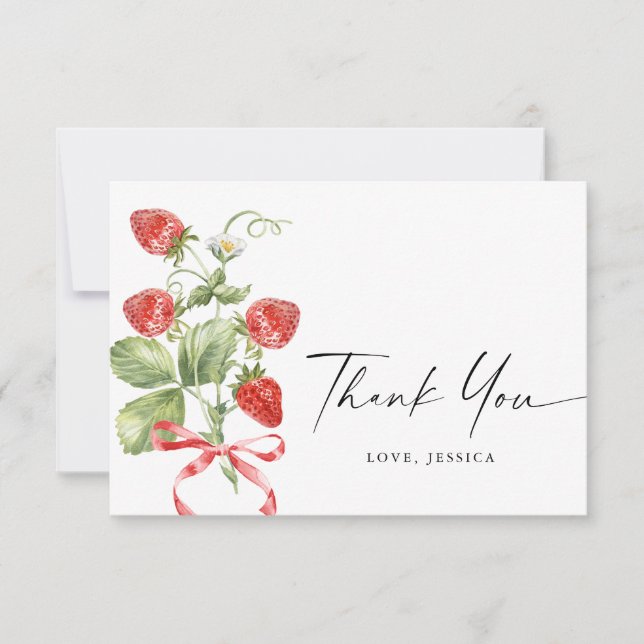 Trendy Watercolor Meadow Strawberry Thank You Card (Front)