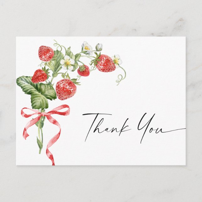 Trendy Watercolor Meadow Strawberry Thank You Postcard (Front)