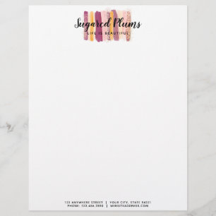 Trendy Watercolor Paint Strokes Plum Purple & Gold Custom Letterhead