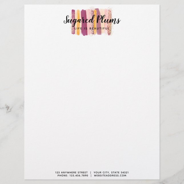 Trendy Watercolor Paint Strokes Plum Purple & Gold Custom Letterhead (Front)