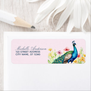 Trendy Watercolor Peacock Flowers Return Address