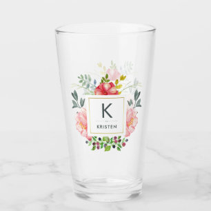 Trendy Watercolor Peony Flowers   Monogram Glass