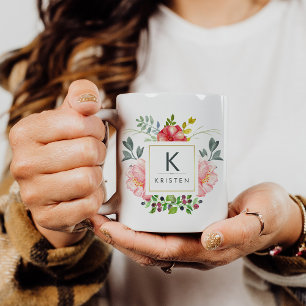 Trendy Watercolor Peony Flowers Monogram Mug