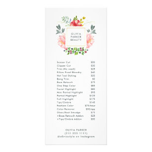 Trendy Watercolor Peony Flowers   Salon Price List Rack Card