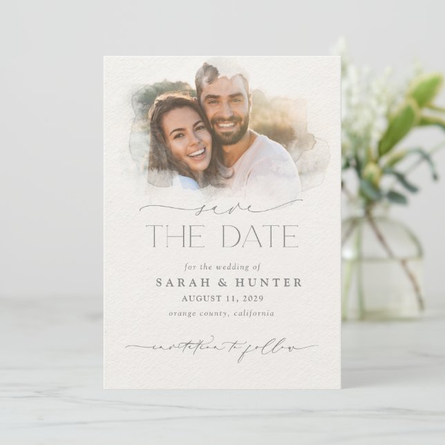 Trendy Watercolor Photo Mask Calligraphy  Wedding Save The Date (Standing Front)