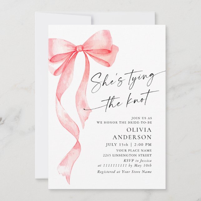 Trendy Watercolor Pink Bow Coquette Bridal Shower Invitation (Front)