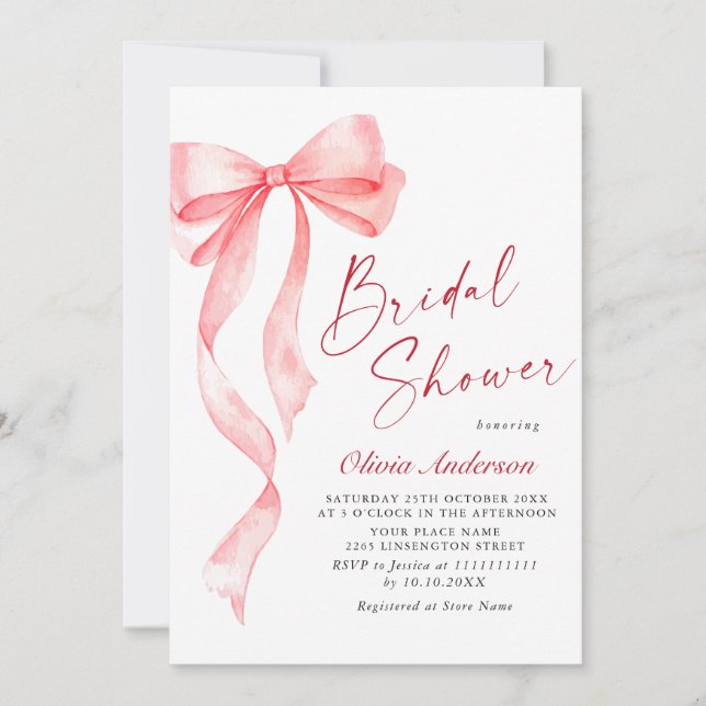 Trendy Watercolor Pink Bow Coquette Bridal Shower Invitation (Front)