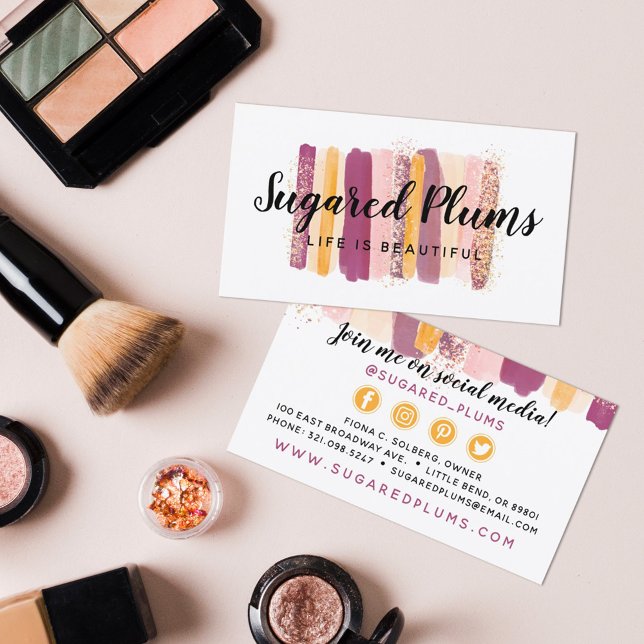Trendy Watercolor Plum Purple & Gold Social Media Business Card (Creator Uploaded)