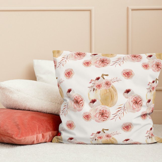 Trendy Watercolor Pumpkin & Flowers | Autumn Fall Cushion (Creator Uploaded)