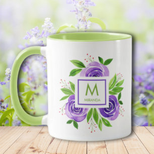 Trendy Watercolor Purple & Lime Roses Monogram Mug