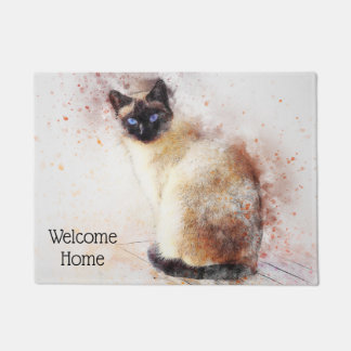 Trendy Watercolor Siamese Cat Personalised Doormat