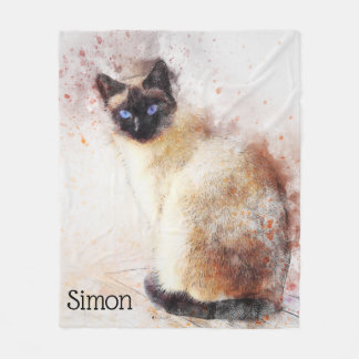 Trendy Watercolor Siamese Cat Personalised Fleece Blanket
