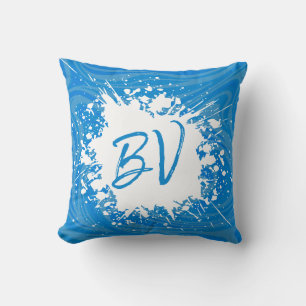 Trendy Watercolor Splash Blue Monogram Cushion