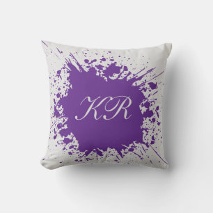 Trendy Watercolor Splash Purple Monogram Cushion