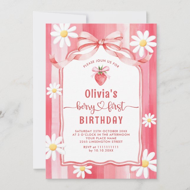 Trendy Watercolor Strawberry Baby First Birthda Invitation (Front)