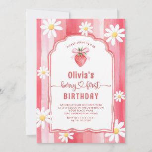 Trendy Watercolor Strawberry Baby First Birthday Invitation