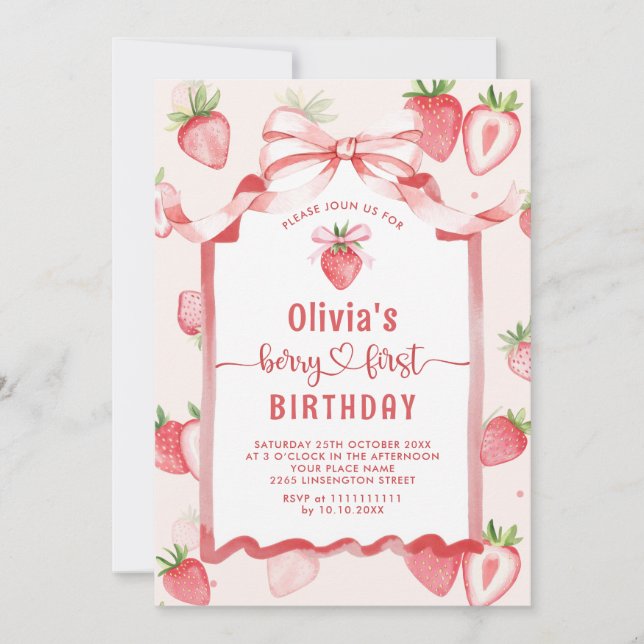 Trendy Watercolor Strawberry Baby First Birthday Invitation (Front)