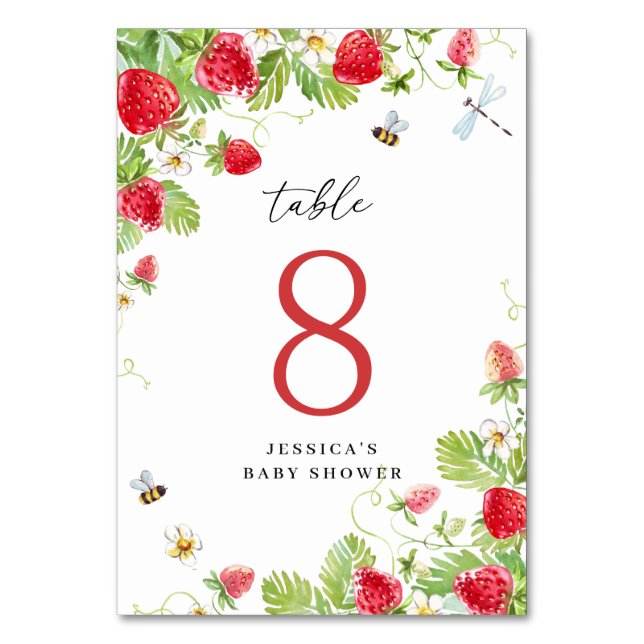 Trendy Watercolor Strawberry Baby Shower Table Number (Front)