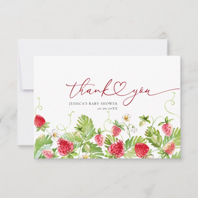Trendy Watercolor Strawberry Baby Shower Thank You (Front)
