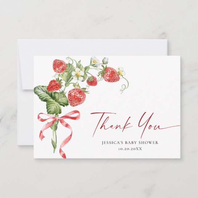 Trendy Watercolor Strawberry Baby Shower Thank You Card (Front)