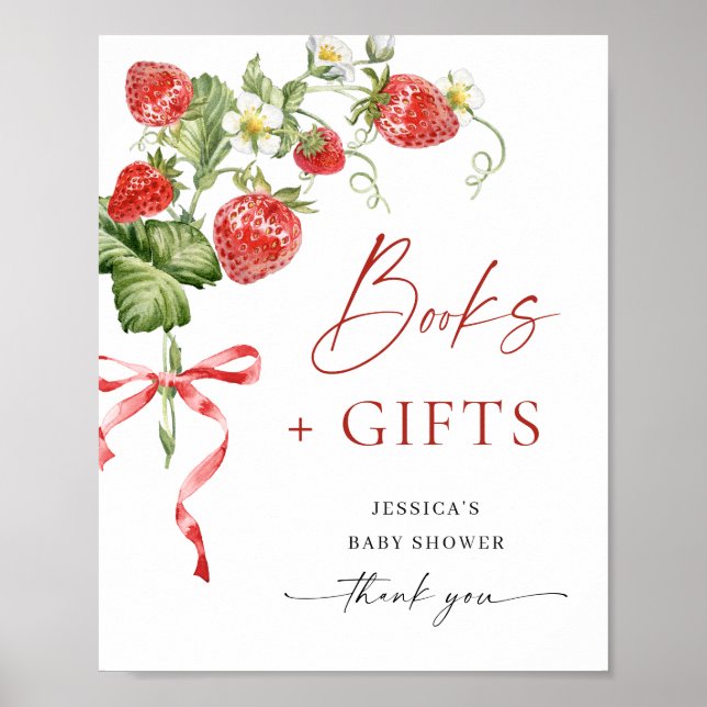 Trendy Watercolor Strawberry Books for Baby Shower Poster (Front)