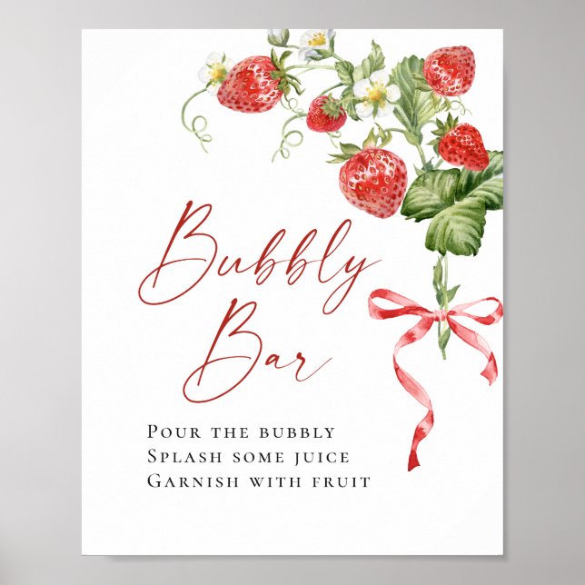Trendy Watercolor Strawberry Bridal Bubbly Bar Poster (Front)