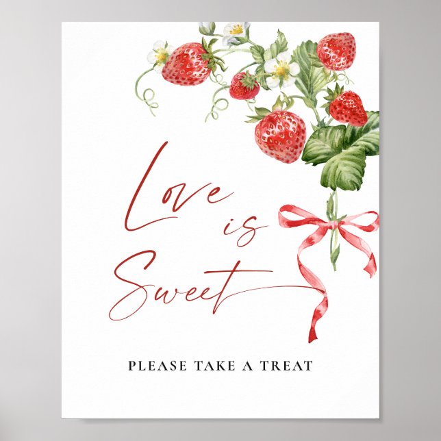 Trendy Watercolor Strawberry Bridal Love is Sweet Poster (Front)