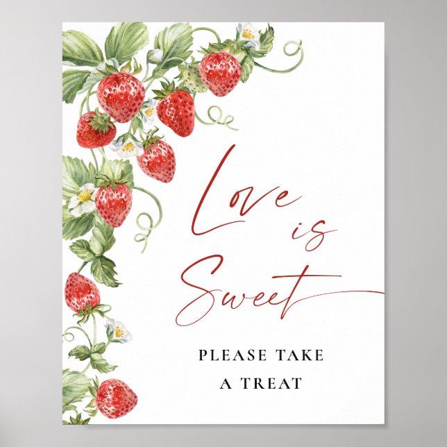 Trendy Watercolor Strawberry Bridal Love is Sweet Poster (Front)