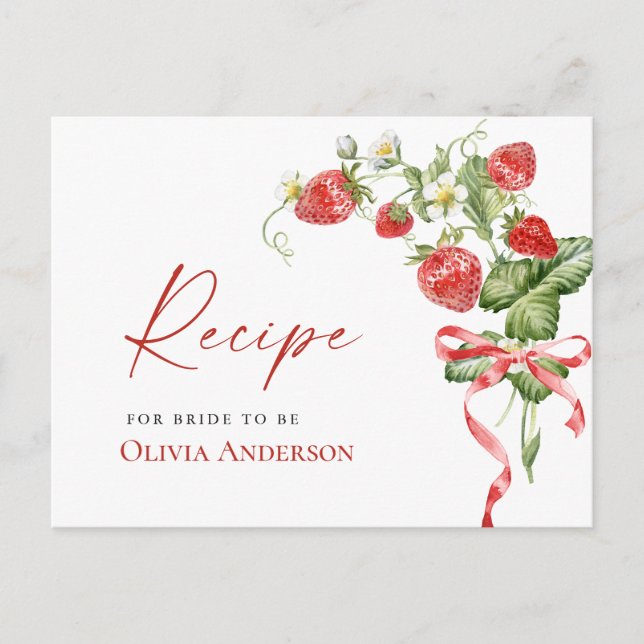 Trendy Watercolor Strawberry Bridal Recipe Card (Front)