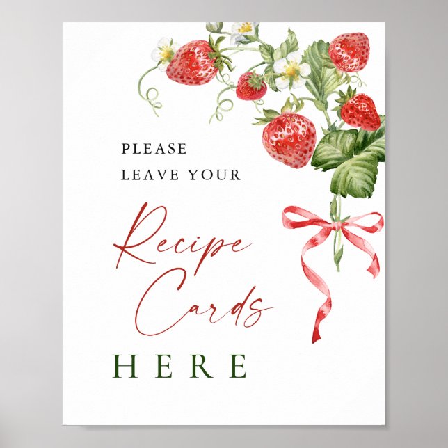 Trendy Watercolor Strawberry Bridal Recipe Card Poster (Front)