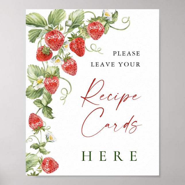 Trendy Watercolor Strawberry Bridal Recipe Card Poster (Front)