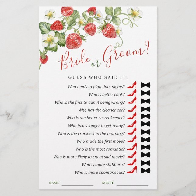 Trendy Watercolor Strawberry Bridal Shower Game (Front)