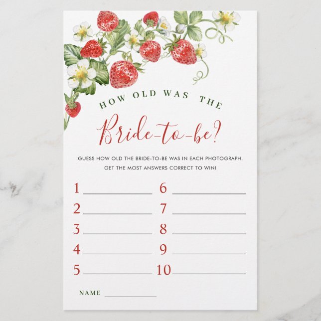 Trendy Watercolor Strawberry Bridal Shower Game (Front)