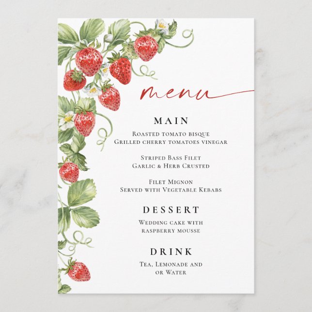 Trendy Watercolor Strawberry Bridal Shower Menu (Front)