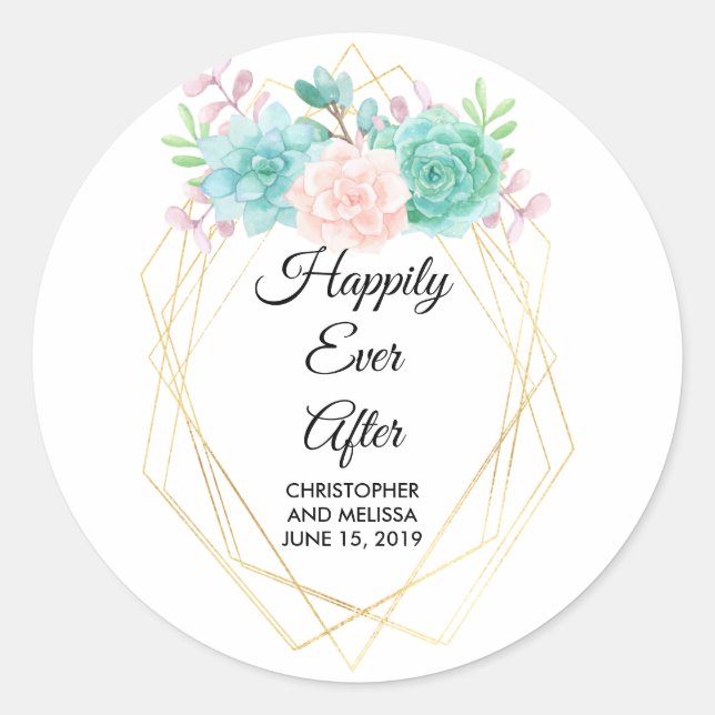 Trendy Watercolor Succulents Happily Ever After Classic Round Sticker (Front)