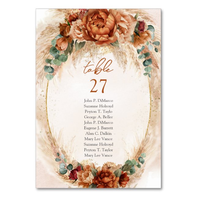 Trendy watercolor terracotta rusty burgundy pampas table number (Front)