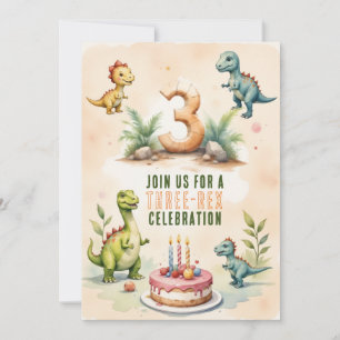 Trendy Watercolor Three-Rex Third 3d Birthday Invitation