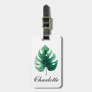 Trendy Watercolor Tropical Green Monstera Leaf Luggage Tag