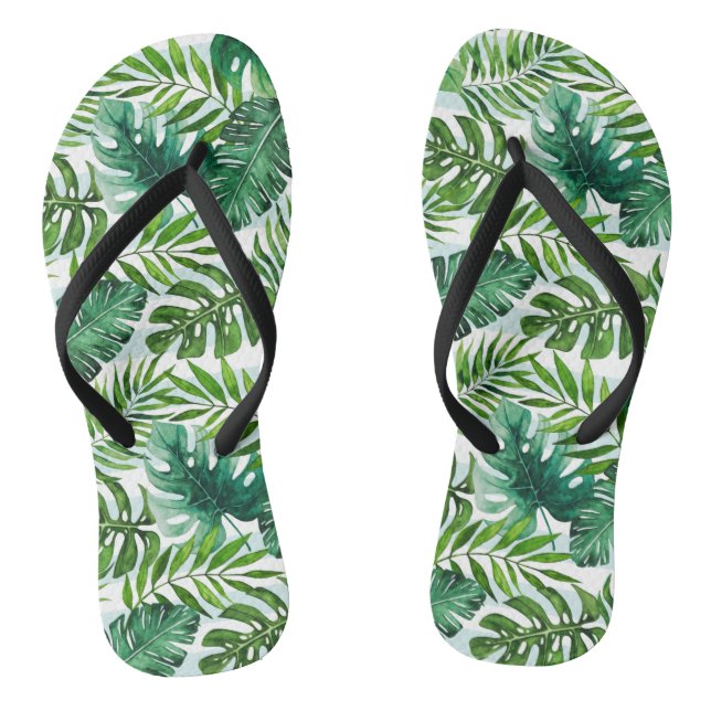 Trendy Watercolor Tropical Leaves Pattern Flip Flops (Footbed)